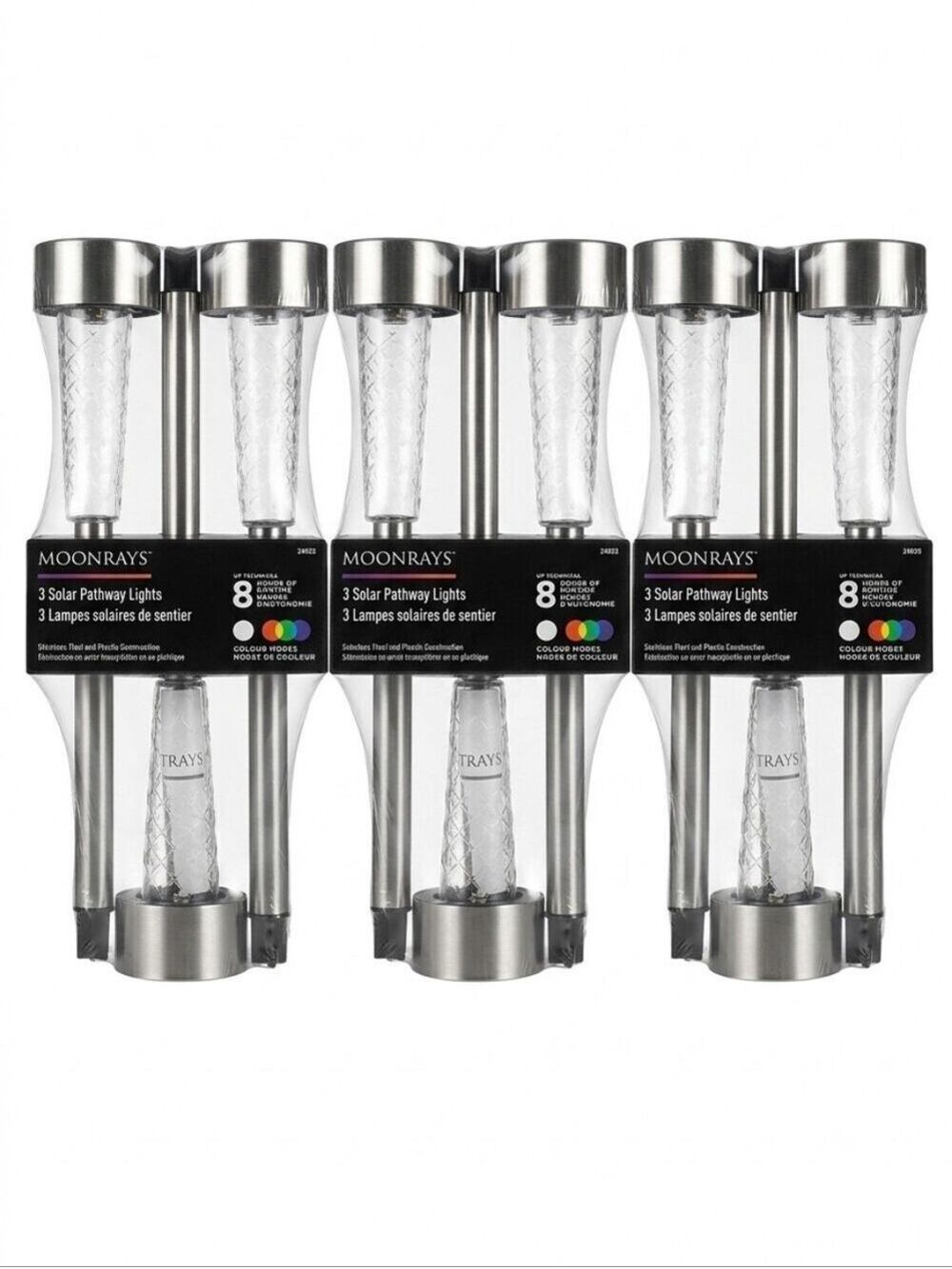 3 × 3-Pack Stainless Steel White/Colour Solar LED Stake Lights, 9 Stakes Total